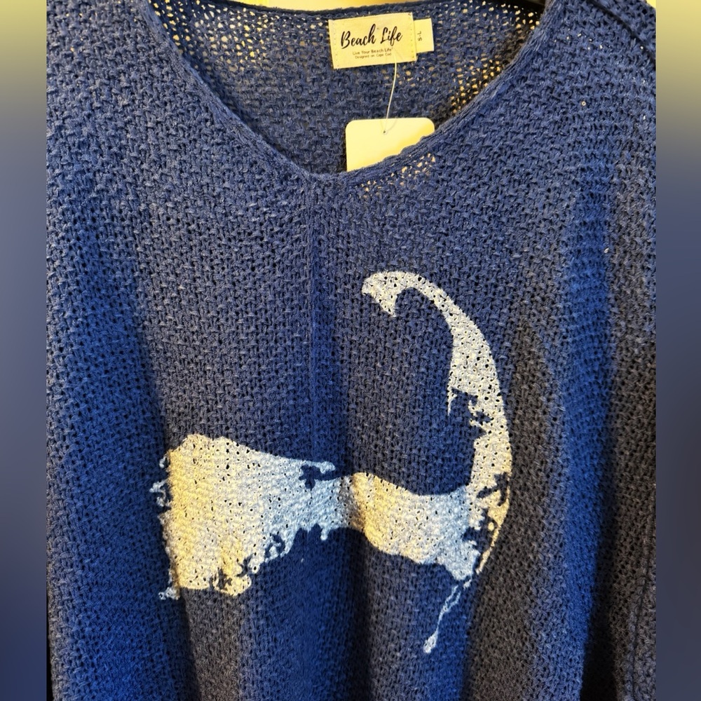 NWT "Beach Life" Cape Cod Map Blue Slouchy Knit Sweater, One Size S-L - Picture 2 of 13